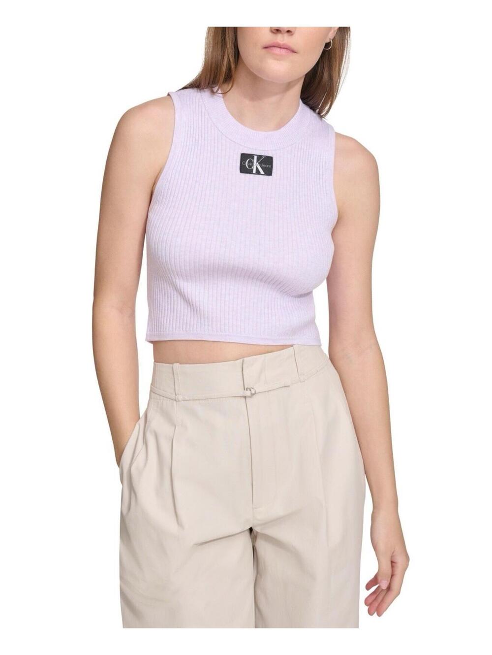 $50 Calvin Klein Jeans Women's Ribbed Cropped Logo Top - Orchid Heather M